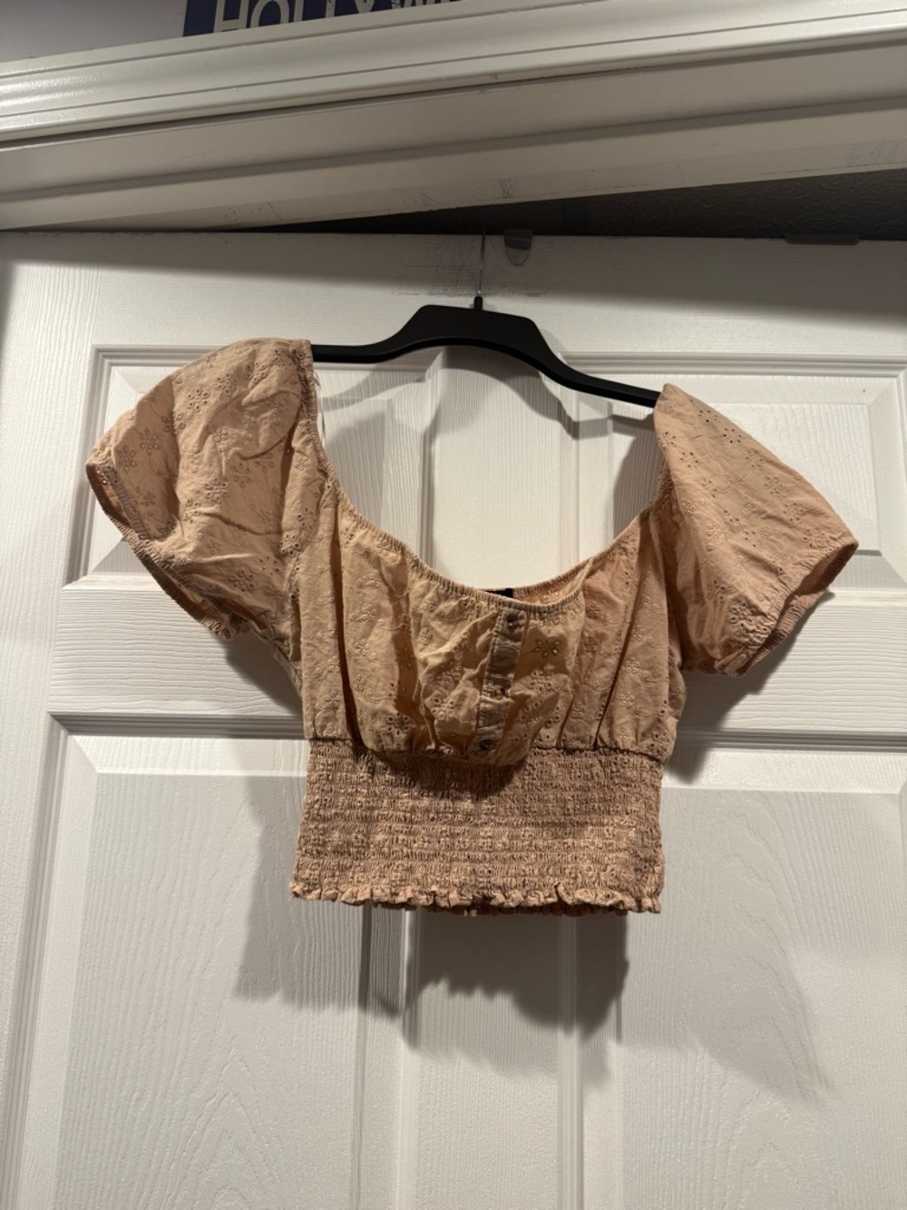 Ambiance Blush Beige Eyelet Smocked Puff Sleeve Crop Top. Size medium